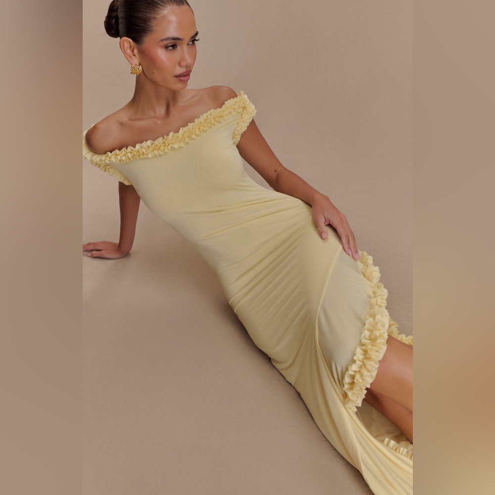 Meshki Pale Yellow Off-Shoulder Ruffle Midi Dress - Picture 3 of 12